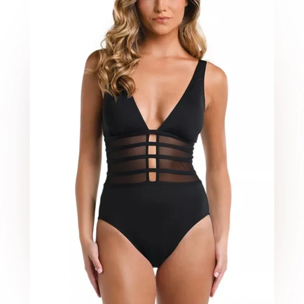 New! La Blanca Island Goddess Over the Shoulder Mesh One Piece Swimsuit Black 12
